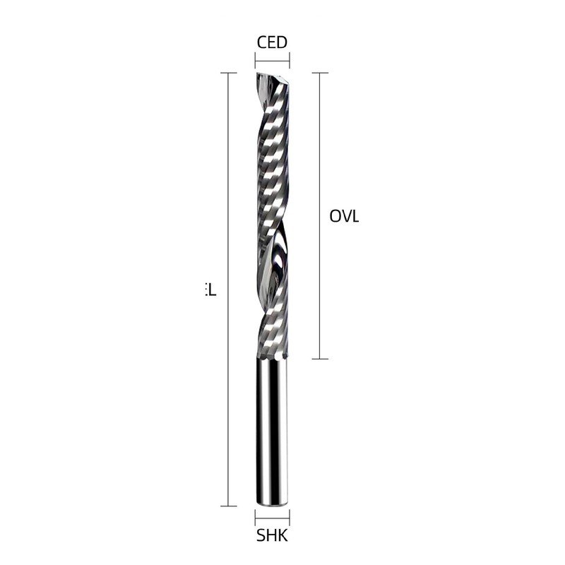 Single-flute router bit used as a starting point for acrylic and plastic applications