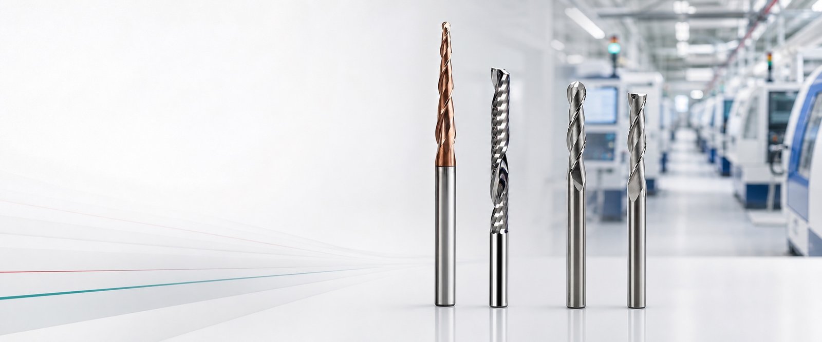 YINGBA tapered two-flute, single-flute, ball-nose and two-flute carbide router bits with CNC factory background