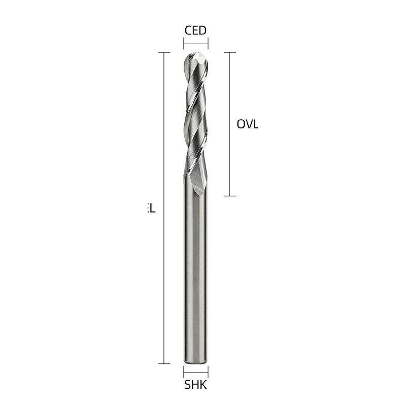 Two-flute ball-nose router bit with dimensional labels